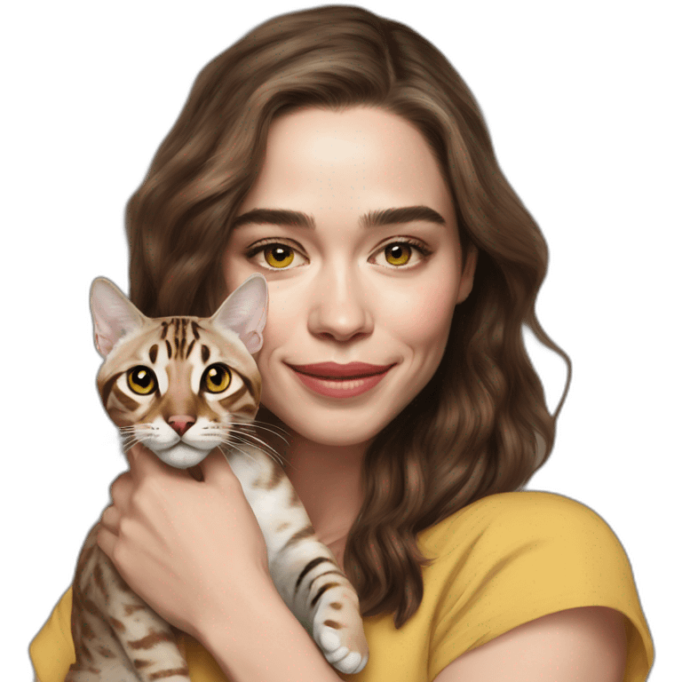 Emilia Clarke holds a Bengal cat with yellow eyes emoji