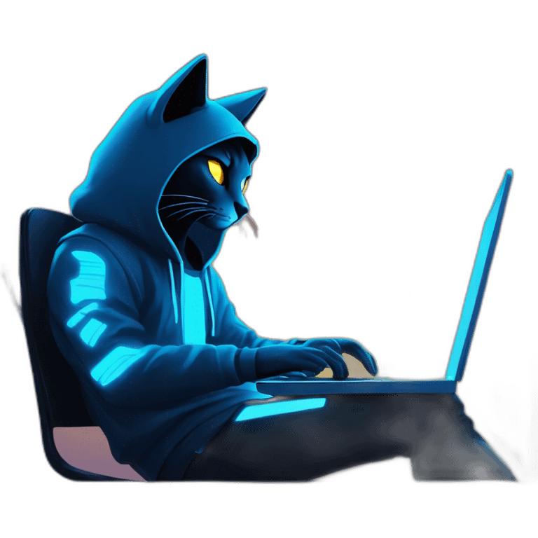 Side view developer cat behind his laptop with this style : Riot Games Valorant neon glowing bright blue character blue black hooded assassin themed character emoji