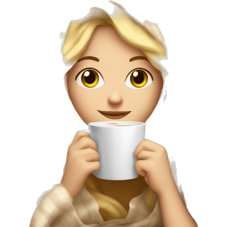 girl inside a blanket sipping coffee eyes closed blonde hair emoji