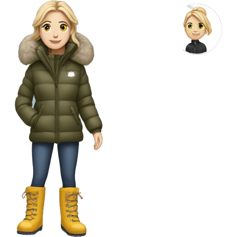 White girl in puffer jacket and snow boots emoji