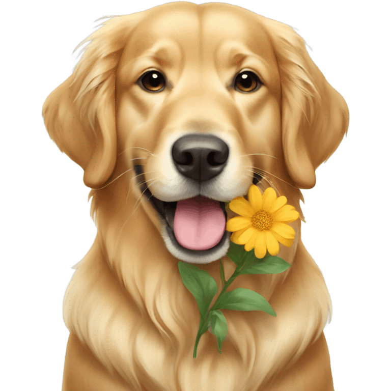 Golden retriever holding flowers in mouth emoji