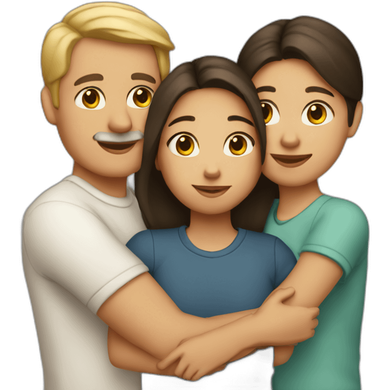 A girl hugs her parents (light skin color, dark hair) emoji