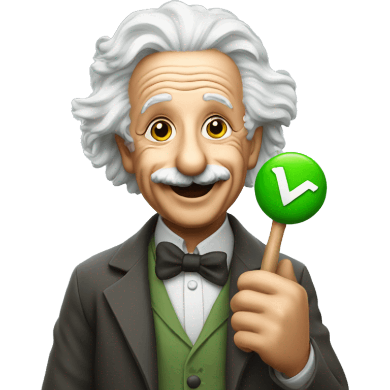 happy albert einstein holding green check mark in one hand emoji