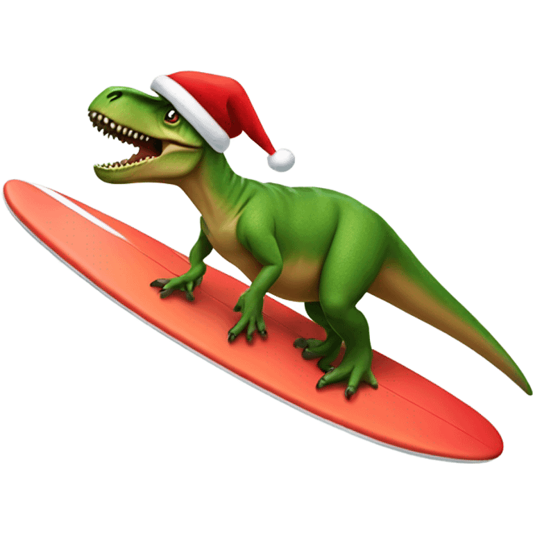 T-Rex surfing with a Santa hat on emoji