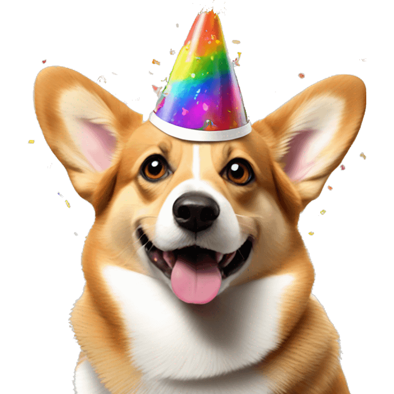 a corgi dog celebrating with a lot of colorful confetti around  it and a birthday hat emoji