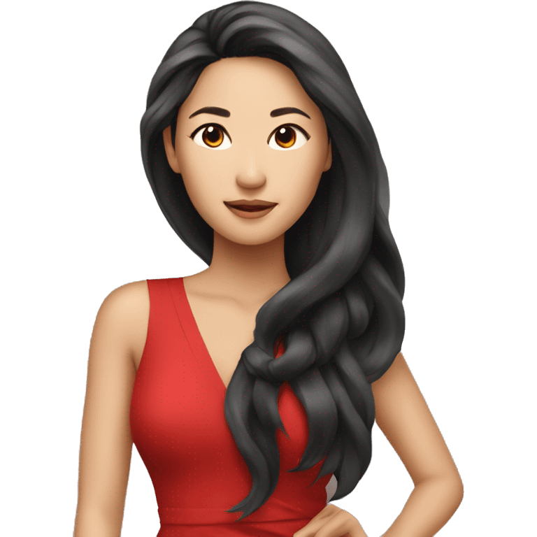 Beautiful Asian woman, long hair, red dress emoji