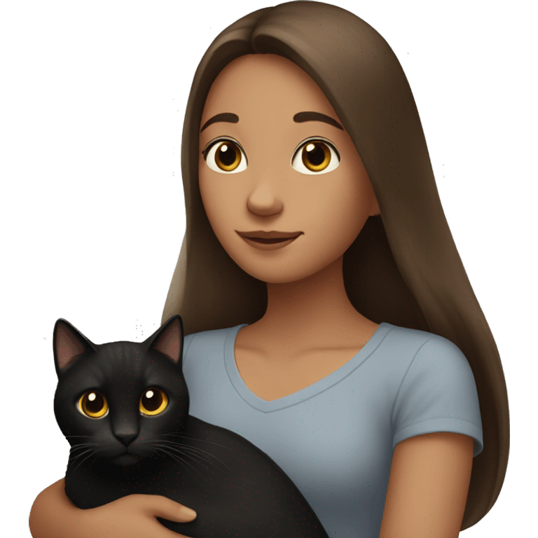 A girl with long brown hair holds a black cat in her arms. emoji