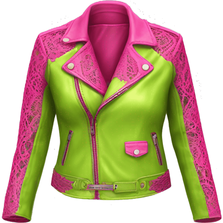 Realistic isolated side view of an open lime green fashion leather jacket with hot pink lace trim on it. emoji