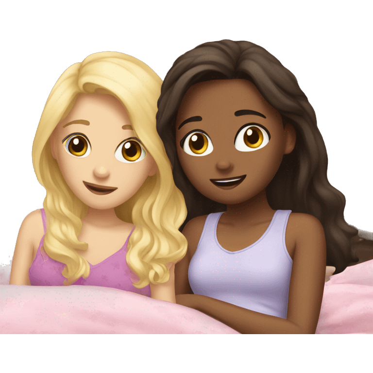 Blonde girl and brunette girl in bed at sleepover emoji