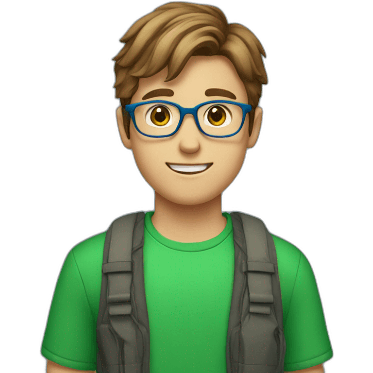 A boy with brown hairs with green eyes with blue eyeglasses with a red shirt emoji