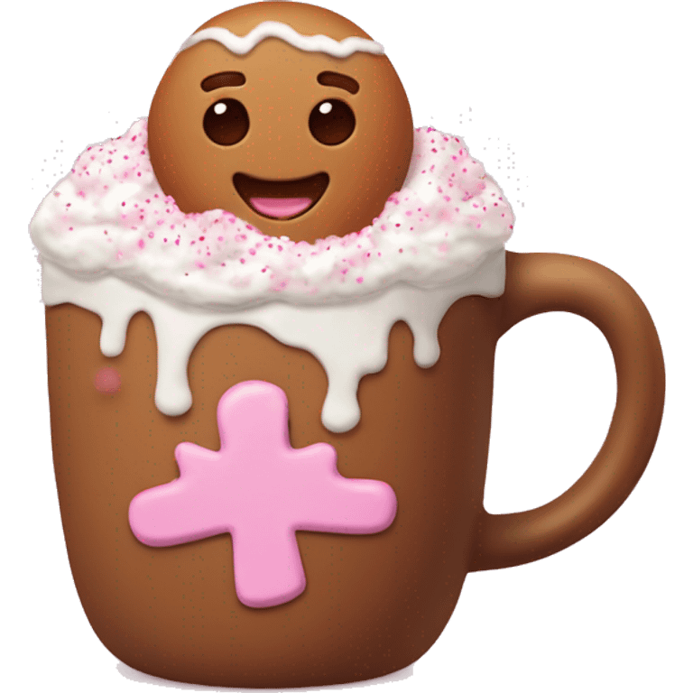 Brown gingerbread man mug with baby pink decoration with hot chocolate with whipped cream and pink sprinkles  emoji