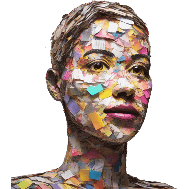 Colourful neon patchwork Person face portrait made entirely of multicoloured torn up magazines  emoji