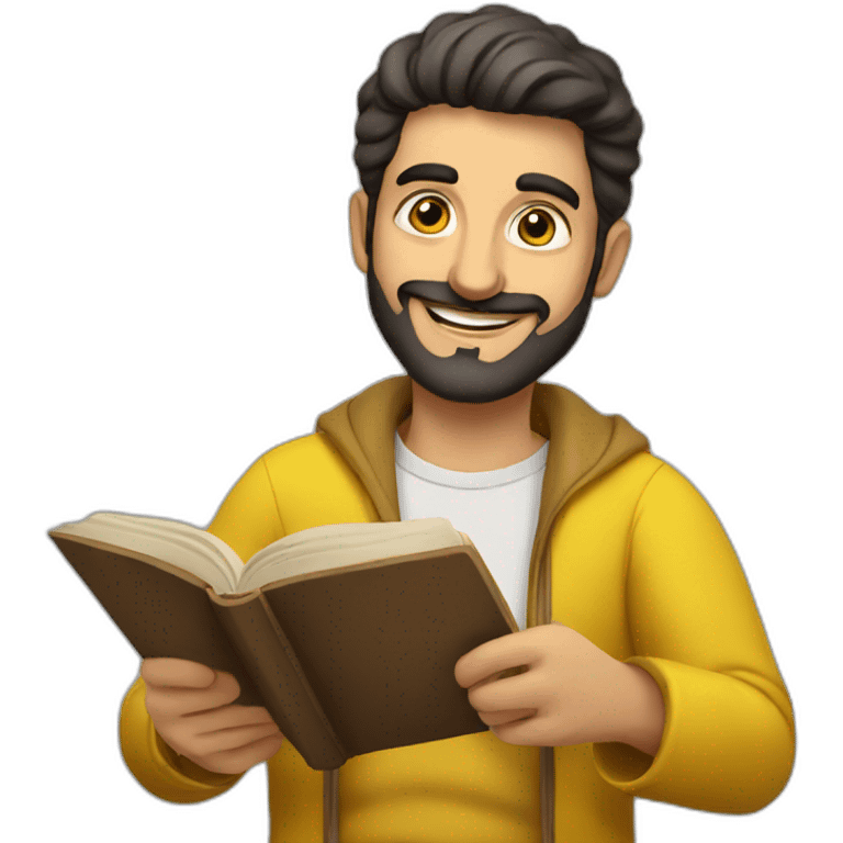 Armenian men with the yellow clothes reading book and looking at camera and smiling  emoji