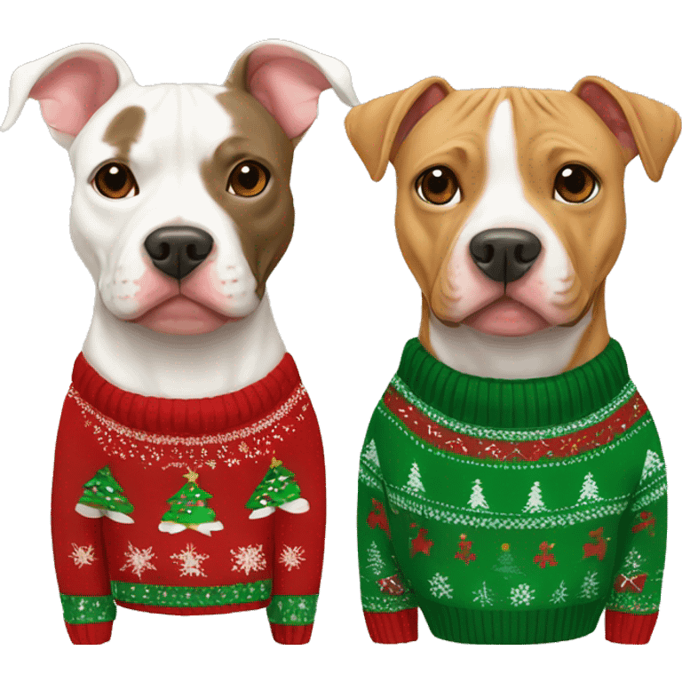 Tan pitbull and tabby cat in Christmas sweaters emoji