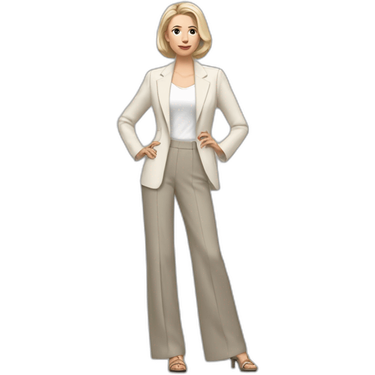 Full height Actively gesturing with hands pale skin woman with ash blonde Straightened bob Hair, White Spacious classical jacket, beige palazzo Arrow pants and gray blouse emoji