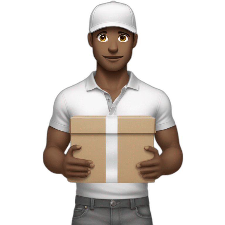 Pale skinned fit Man with dark brown hair in a white cap, gray jeans and gray polo T-shirt keeping a pasted with tape box into his hands emoji