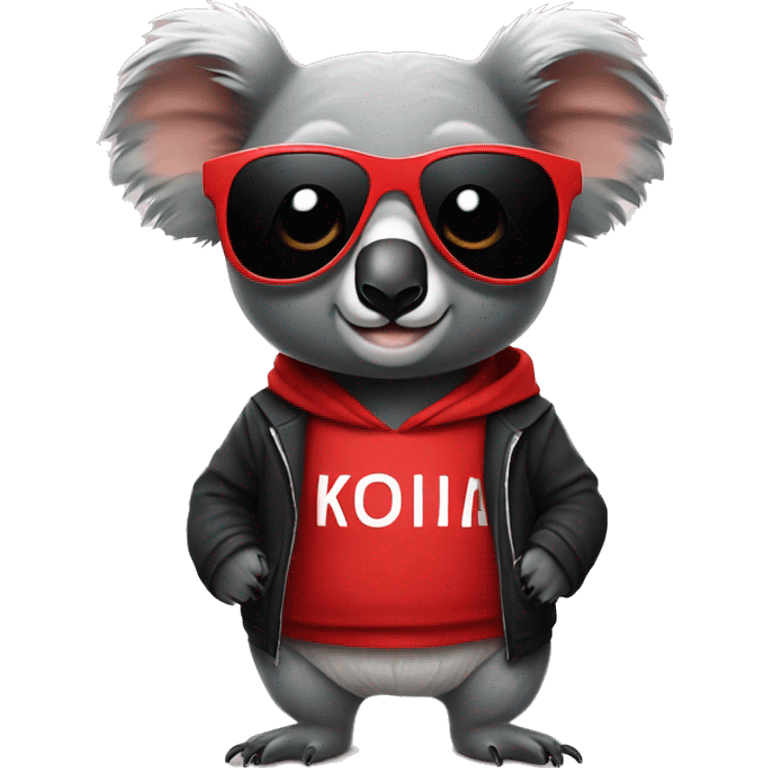 A koala wearing stylish sunglasses and a black and red sweatshirt  emoji