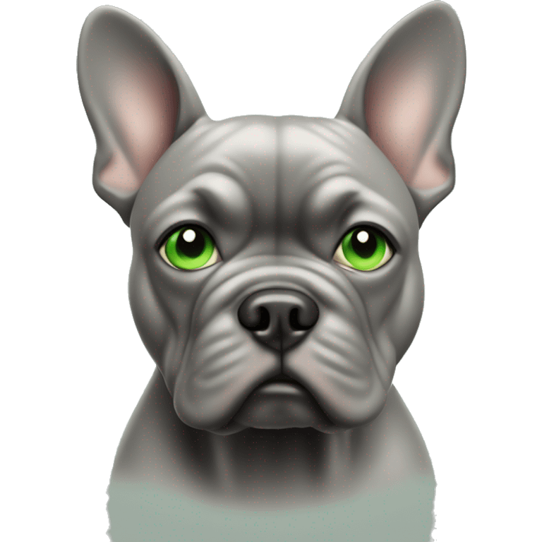 focused grey French bull dog with green eyes in soft blur emoji