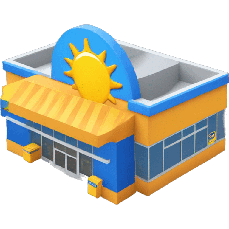 “Walmart store with a simple, recognizable design, featuring the iconic sunburst logo, blue and yellow color scheme, and storefront details that convey a large retail environment.” emoji