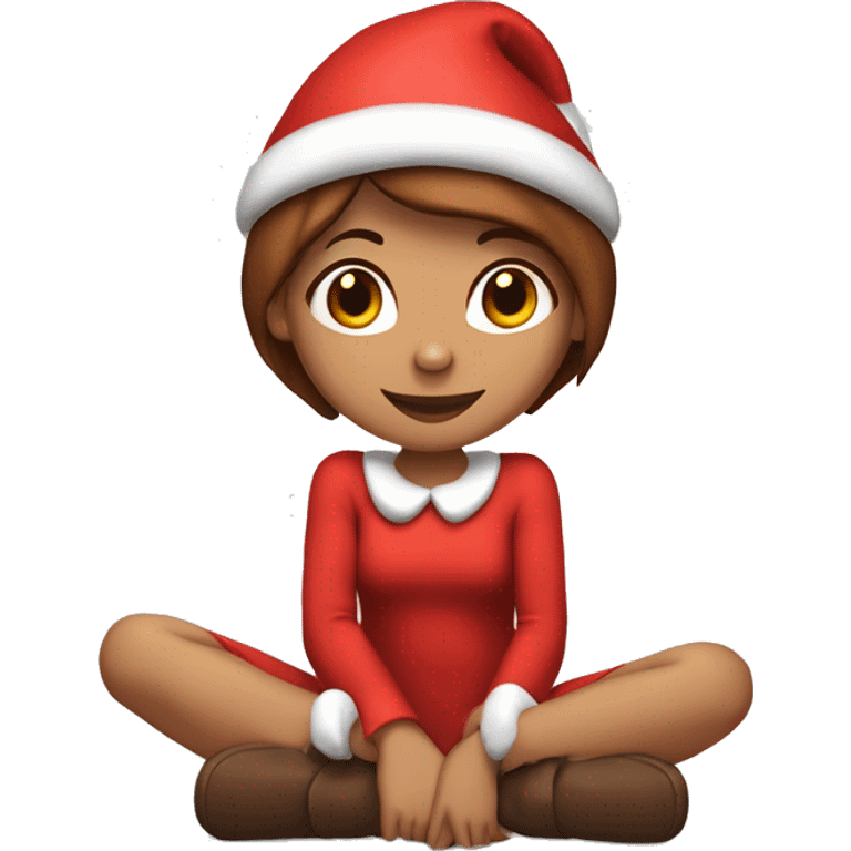 Girl with brown short hair in red elf hat in a sitting knees up holding her knees while wearing a red bodysuit ￼ emoji