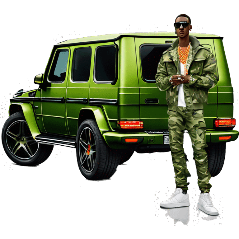 Young Dolph luxury clothes,diamond chain on,getting inside but not all the way in,just opened car door to his all orange and green colored,whole car painted army camouflage, Mercedes G Wagon emoji