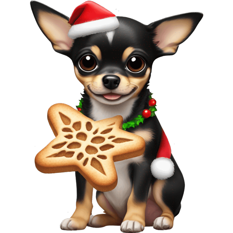 black & tan chihuahua puppy holding a christmas cookie emoji