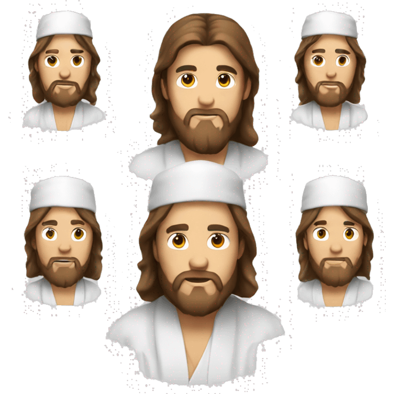 A guy with long brown hair wearing a white robe and a Chinese douli hat on his head emoji