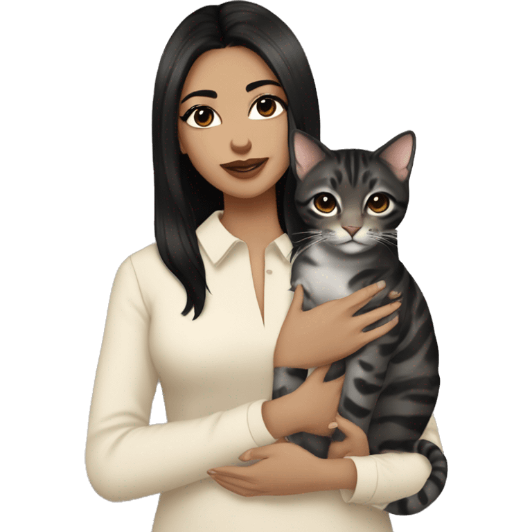 Girl with black eyes and black hair, shoulder length straight black hair, wears a beige blouse outfit, kissing a silver bengal cat  emoji