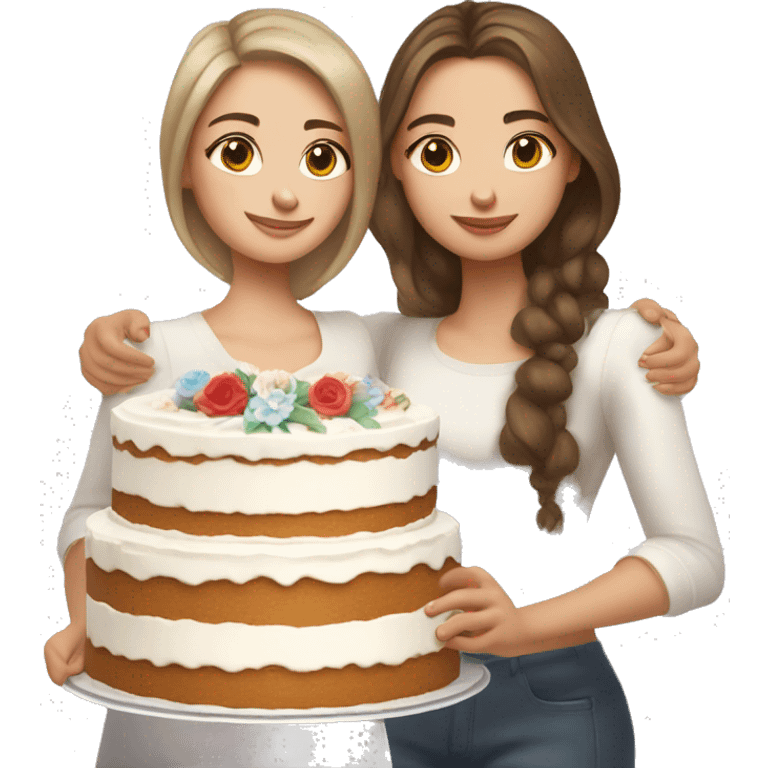 Russian girl with wavy hair and Russian girl with brown straight hair together holding big white cake emoji