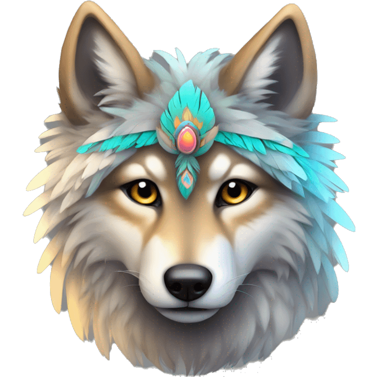 Fluffy Shy Colorful Spiritual Coywolf With Shiny Tribal Markings wearing feathers Full Body emoji