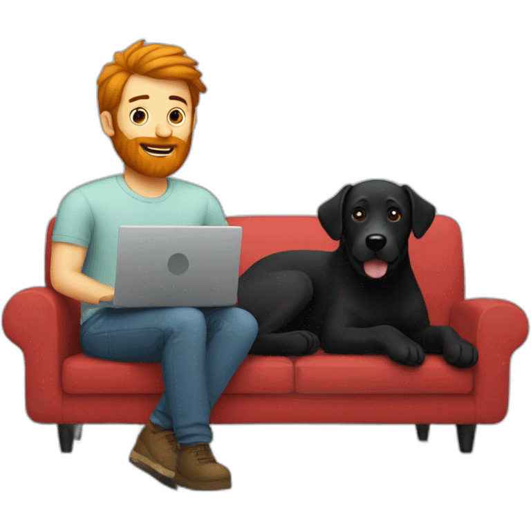 a man with a red beard sits working on a laptop on the sofa with a black Labrador emoji