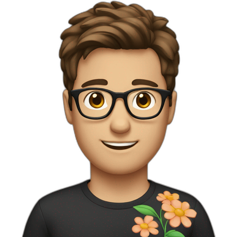 brown hair up guy wearing glasses and dark t-shirt with flower print emoji