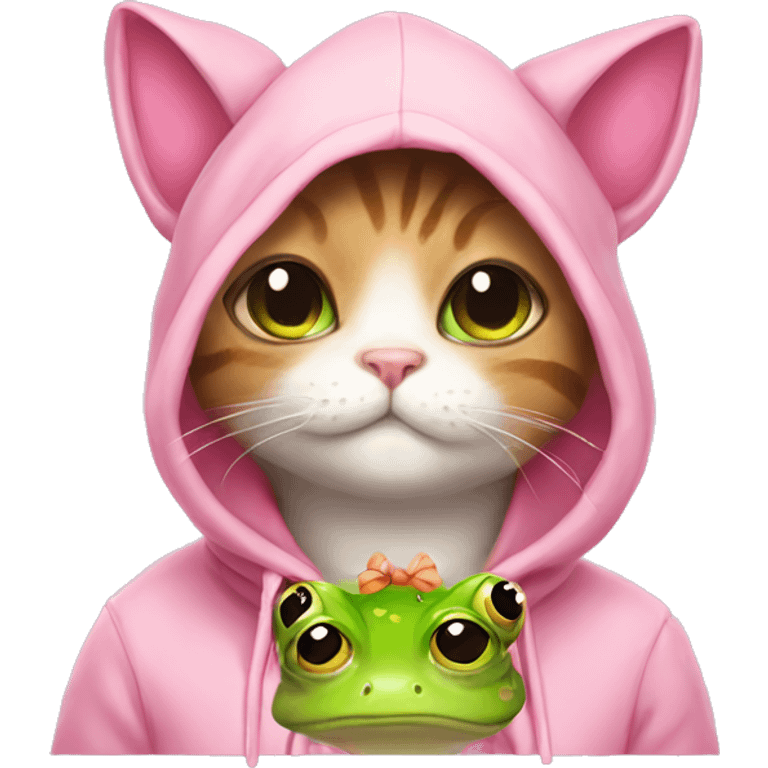 Cat with a pink bow wearing a cute frog hoodie emoji