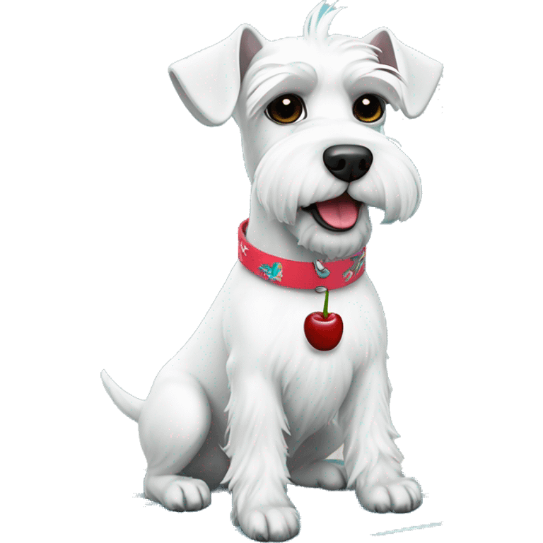 White mini schnauzer on surf board wearing a cherry collar  emoji