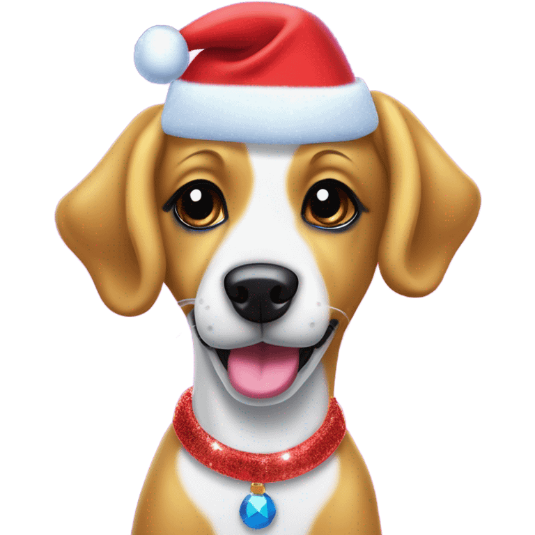 Lisa frank Christmas sparkle￼ dog with Santa hat emoji