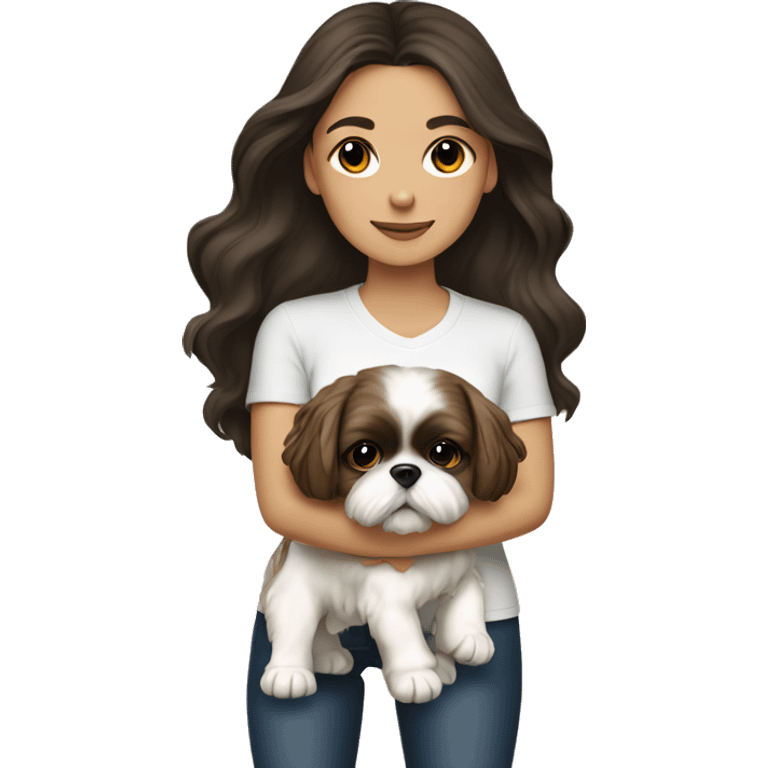 Young dark brunette hair woman with a golden shih tzu in her arms long hair emoji