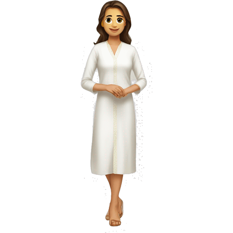 A young woman with complete white kurti welcoming  emoji