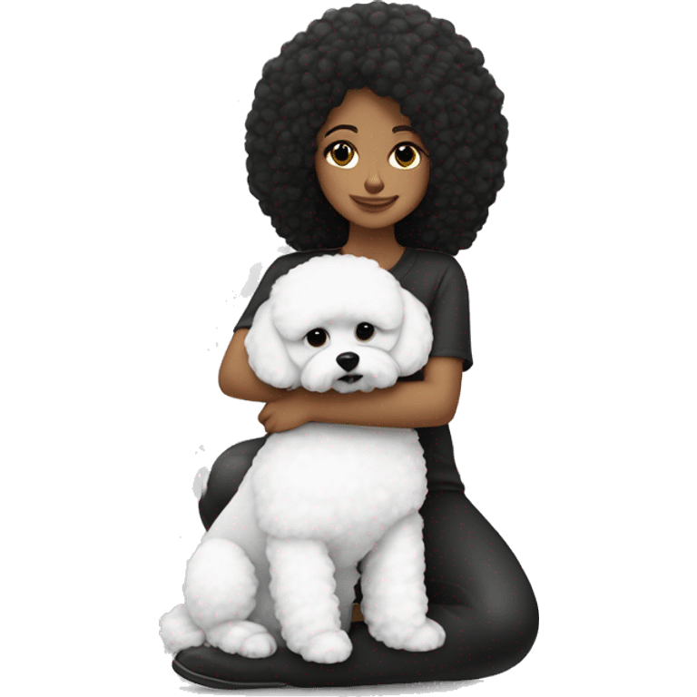 mujer piel blanca pelo largo negro y perro bichon blanco emoji