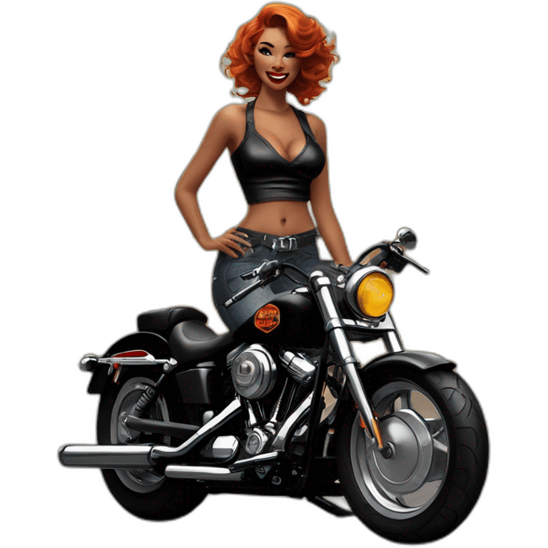 Chica pin up sobre moto Harley Davidson negra emoji