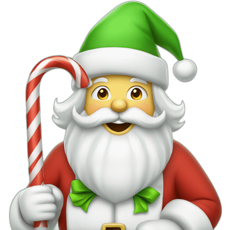 cheerful Santa Claus with a green hat and with candy cane, and presents  emoji