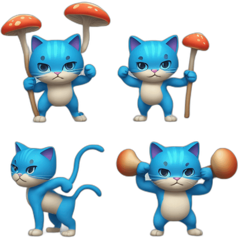 Strong muscles Blue cat NO ears wearing a mushroom cap carrying a stick in one arm standing on two legs with pants emoji