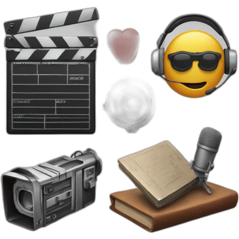 film camera, a clapperboard, and perhaps a microphone or headphones emoji