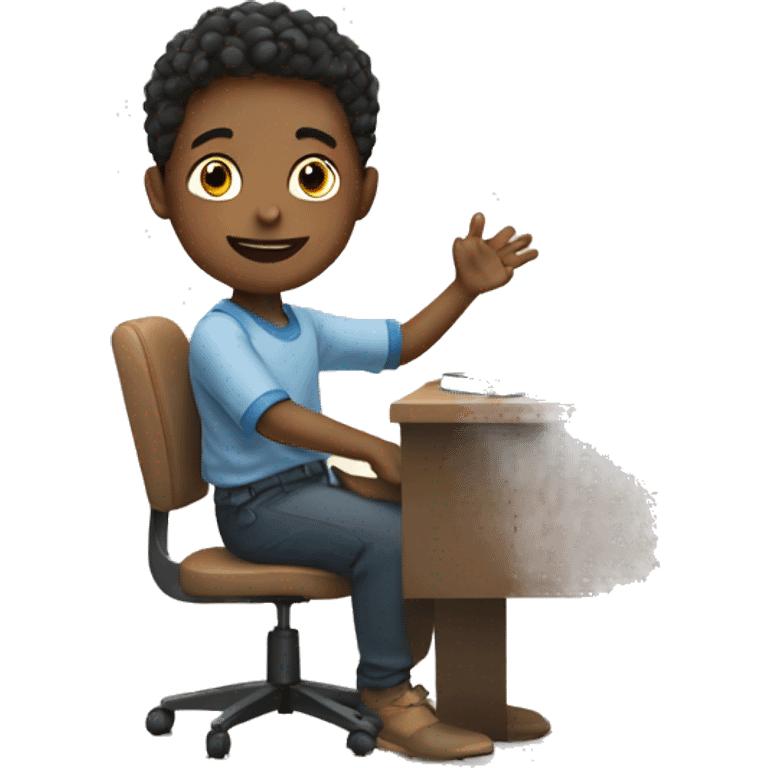 boy is sitting at desk, his hand is raised emoji