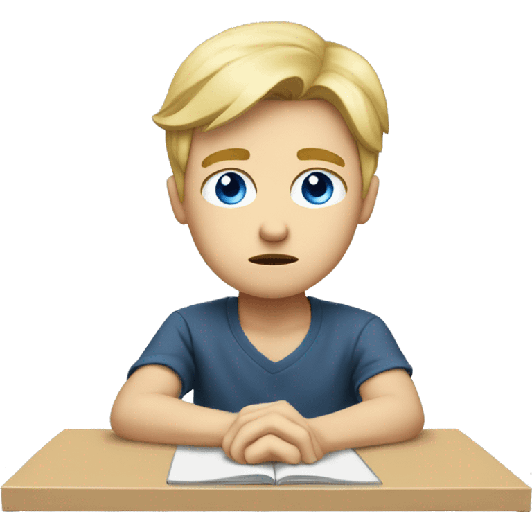 Blonde white boy with blue eyes upset studying at desk emoji