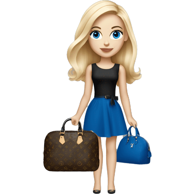 Blonde girl with Louis Vuitton monogram purse in tight short black dress bright blue eyes emoji