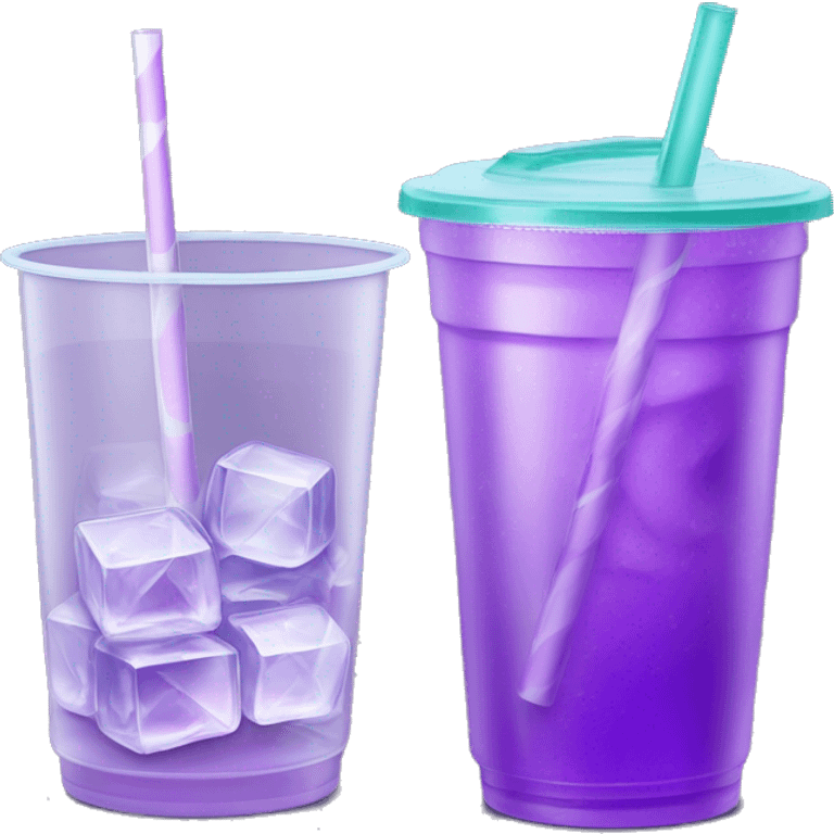 Realistic plastic cup and lid with Transluscent Light purple soda and large ice cubes inside and one straw through the top of the lid. emoji