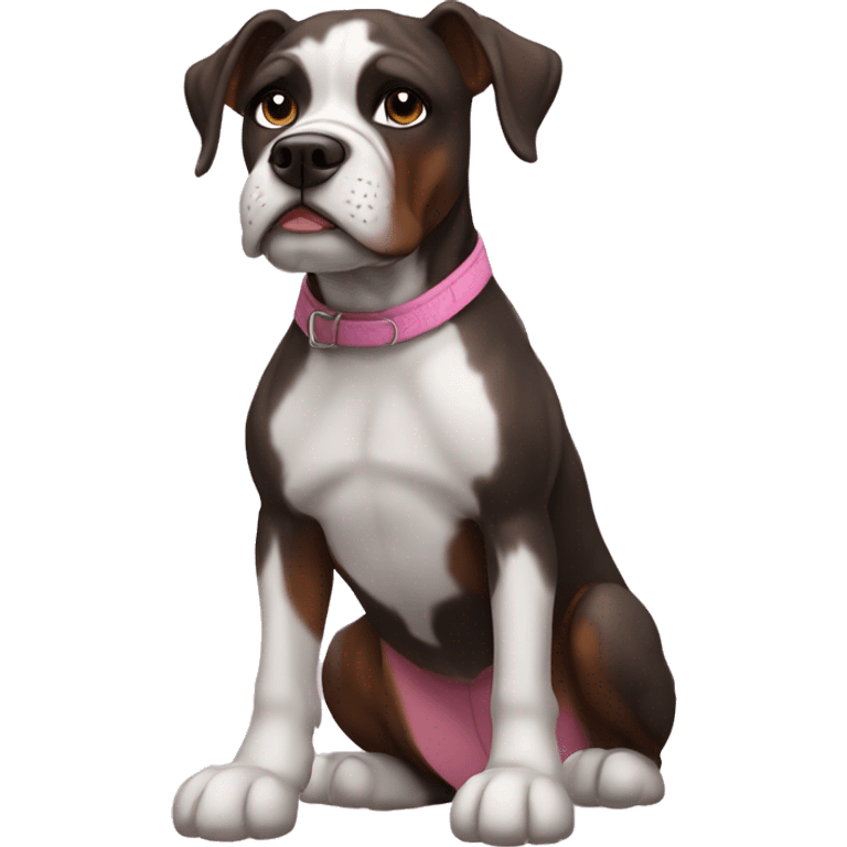 chappel roan but she is a black boxer with white and pink features. she has the same hair and outfit but a dog face emoji