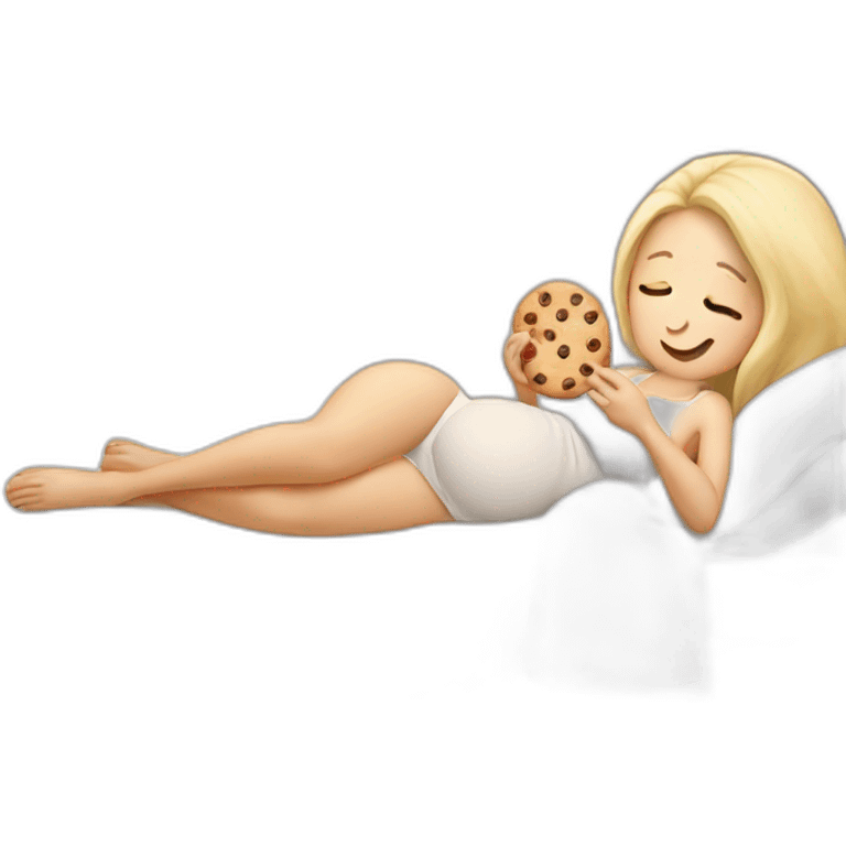 White blond pregnant woman eating cookies in bed emoji