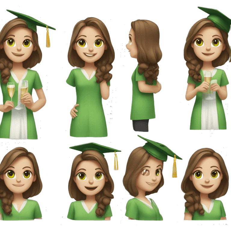 cheerful girl, university graduate, with brown hair, fair skin, green eyes, champagne in her hands emoji