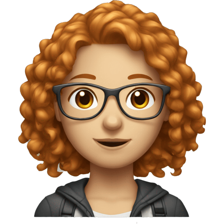 ginger gamer girl with long curly hair, brown eyes, thin metal glasses emoji